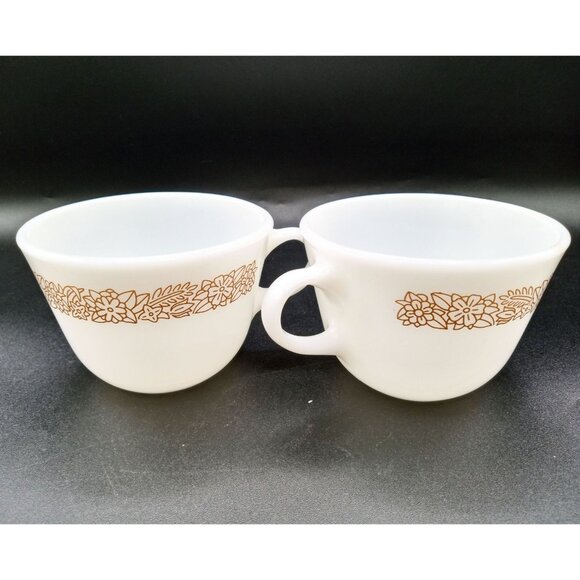 Vintage Pyrex Woodland Milk Glass Coffee Cups With Floral Design Tea Cups Glass - Picture 1 of 15
